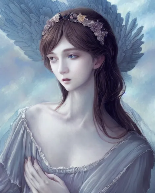 Image similar to an infinitely detailed portrait of a frail and pale female peace angel elegantly. fully - clothed full - body, beautiful! scenery art!! coherent! by wlop & murata, victorian color palette, artstation / pixiv!! highly elegantly armored angel portrait full - body, dreamy art