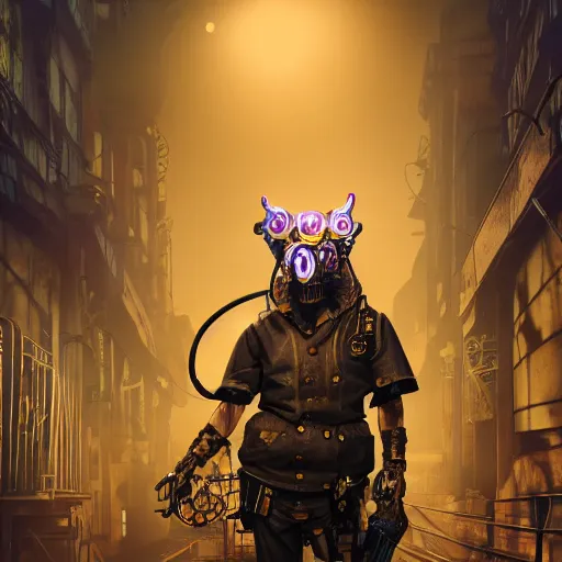 Image similar to gamekeeper wearing a steampunk and neonpunk mechanical fluorescent mystical animal mask in a steampunk city, night, realism, 4 k, octane render, award winning photograph, epic cinematic shot, perfectly defined features, ambient occlusion