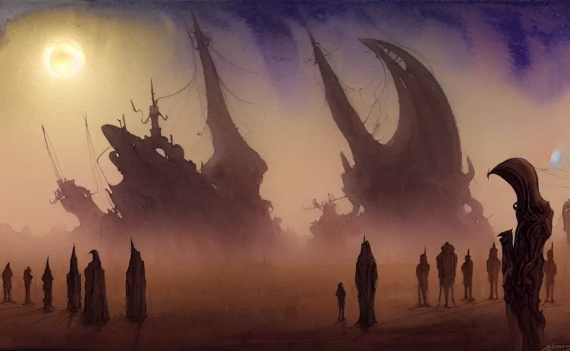 Image similar to a hyperrealist watercolour character concept art portrait of a tall elegant lovecraftian alien on a misty night in the desert. a small group of middle eastern men are watching from the foreground. a battlecruiser starship is in the background. by rebecca guay, michael kaluta, charles vess and jean moebius giraud