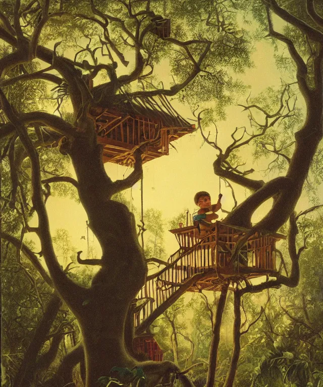 Image similar to masterful oil on canvas painting, eye - level view, shot from 5 0 feet distance, of a kid playing in a treehouse. in the background is a whimsical sparse forest. golden hour, detailed, depth, volume, chiaroscuro, quiet intensity, vivid color palette. by tex avery and gerald brom