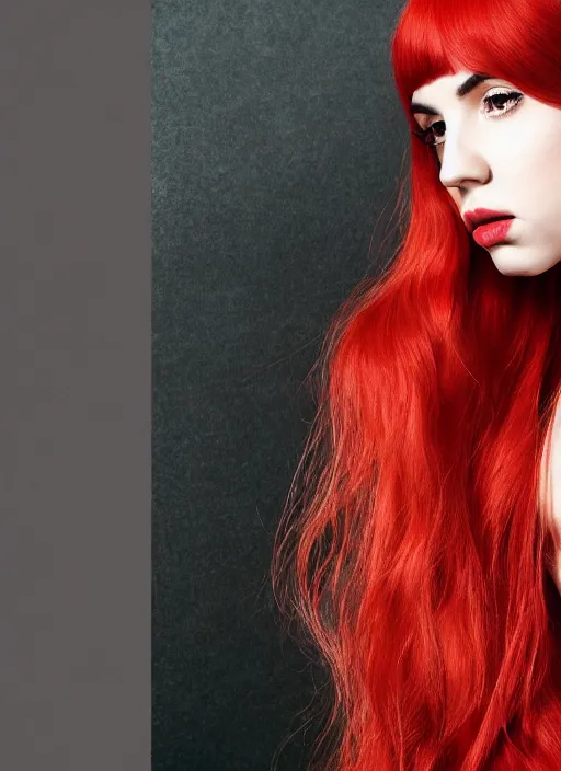 Image similar to ava max bright red hair photographed by charlotte rutherford, canon, highly realistic. high resolution. highly detailed. dramatic. 8 k. 4 k.