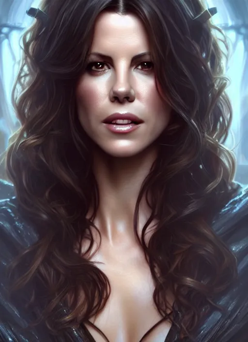 Prompt: portrait of kate beckinsale as a vampire lord, jewelry, greek, ruby, intricate, headshot, highly detailed, digital painting, artstation, concept art, sharp focus, cinematic lighting, illustration, art by artgerm and greg rutkowski, alphonse mucha, cgsociety