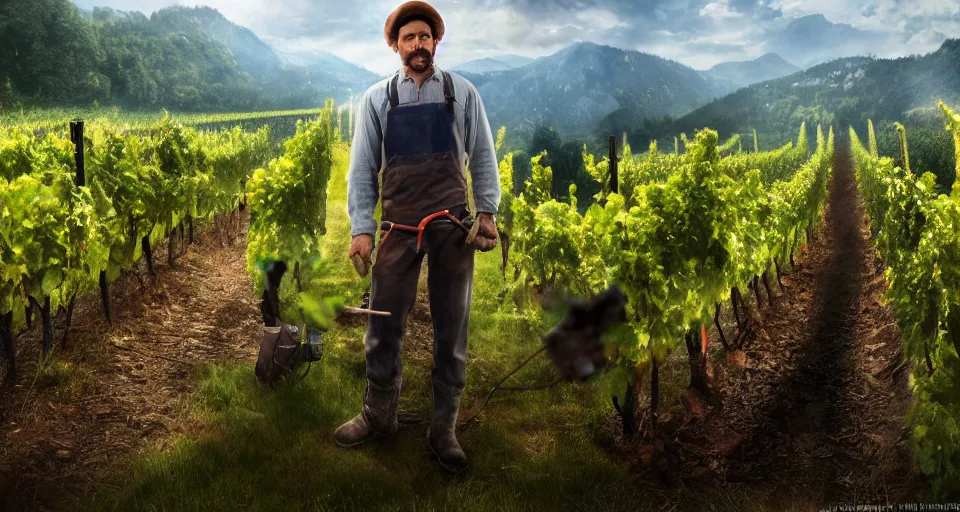 Image similar to A beautiful hyper realistic ultra detailed lifelike matte painting of traditional austrian vineyard worker, unreal engine, deviantart, flickr, artstation, octane render, textured, colorful, extreme realistic detail, physically based rendering, pbr render, very detailed, volumetric lighting, detailed lighting, octane render, 4k, cinematic lighting, 8k resolution