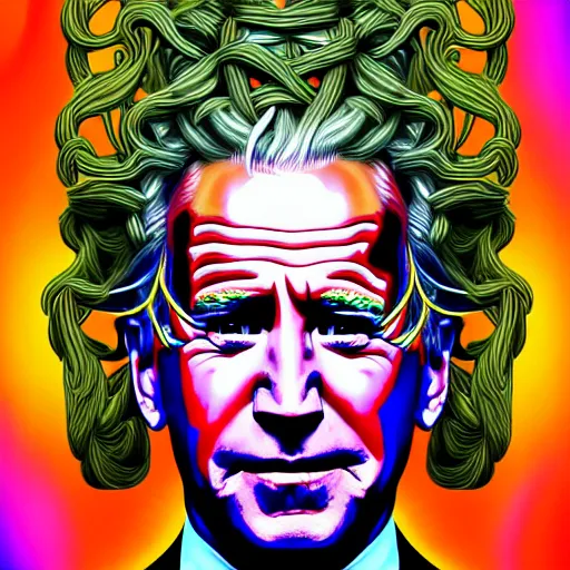 Image similar to an extremely psychedelic portrait of joe biden as medusa, surreal, lsd, face, detailed, intricate, elegant, lithe, highly detailed, digital painting, artstation, concept art, smooth, sharp focus, illustration