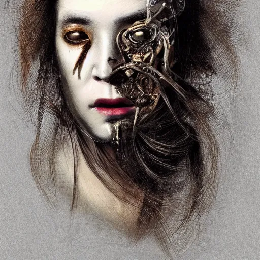 Image similar to portrait of a Shibari rope wrapped face and neck, headshot, insanely nice professional hair style, dramatic hair color, digital painting, of a old 17th century, old cyborg merchant, amber jewels, baroque, ornate clothing, scifi, realistic, hyperdetailed, chiaroscuro, concept art, art by Franz Hals and Jon Foster and Ayami Kojima and Amano and Karol Bak,