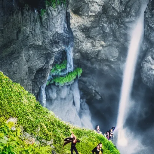 Prompt: man with sword jump of the cliff in front of the waterfall, dragons flying around, anime, realistic shot, nature, animal planet, superhero, naruto