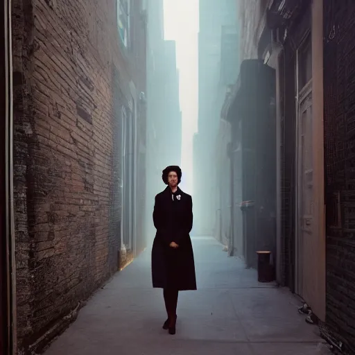 Image similar to portrait of a woman in a smoky new york back street ,by Annie Leibovitz and Steve McCurry, natural light, detailed face, CANON Eos C300, ƒ5.6, 50mm, 8K, medium-format print