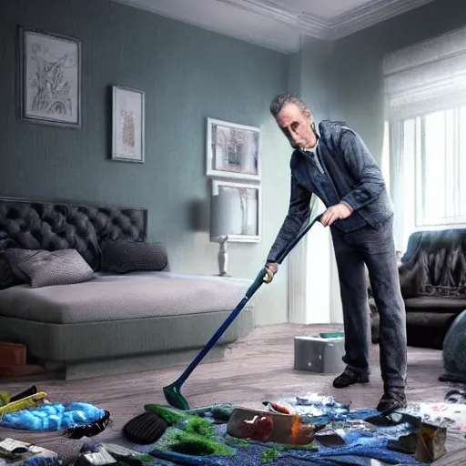 Image similar to close shot of hyperrealistic jordan peterson cleaning his room, award winning artstation