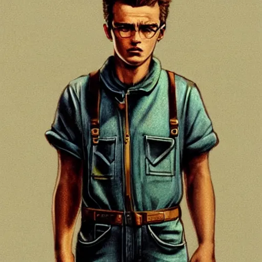 Image similar to a highly detailed epic cinematic concept art CG render digital painting artwork costume design: young James Dean as a well-kept neat anarchist rebel in 1950s USSR mechanic overalls and big boots. By Greg Rutkowski, Ilya Kuvshinov, WLOP, Stanley Artgerm Lau, Ruan Jia and Fenghua Zhong, trending on ArtStation, subtle muted cinematic colors, made in Maya, Blender and Photoshop, octane render, excellent composition, cinematic atmosphere, dynamic dramatic cinematic lighting, aesthetic, very inspirational, arthouse