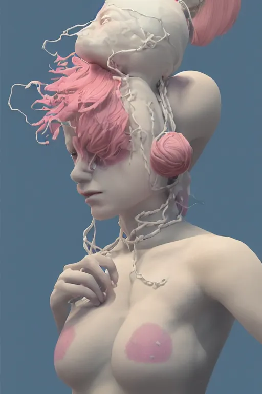 Image similar to an epic non - binary model, subject made of white mesh rope, with cerulean and pastel pink bubbles bursting out, delicate, beautiful, intricate, melting into a wolf, houdini sidefx, by jeremy mann and ilya kuvshinov, jamie hewlett and ayami kojima, trending on artstation, bold 3 d