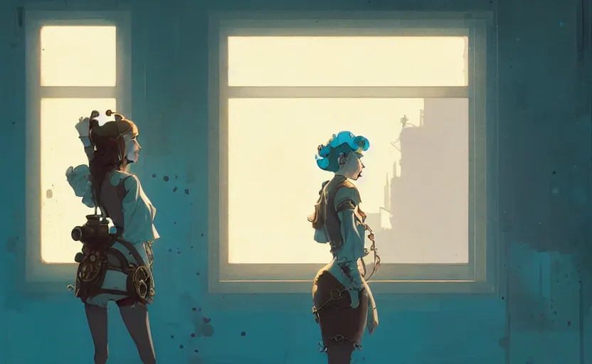 Prompt: female steampunk princess standing near the window by atey ghailan, by greg rutkowski, by simon stalenhag, by greg tocchini, by james gilleard, by joe fenton, by kaethe butcher dynamic lighting, gradient light blue, brown, blonde cream and white color scheme, grunge aesthetic