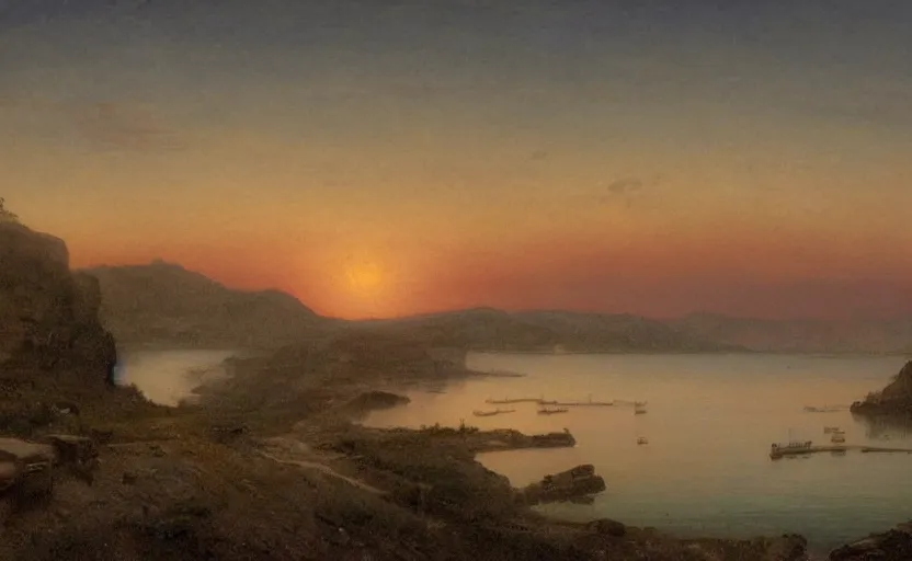 Image similar to early 1900s port town on a hill overlooking the ocean, at dusk, distant mountains, 4k, rule of thirds, extreme detail, hazy water, intricate ink illustration, trending on artstation, cgsociety, hd, calm, complimentary colours, realistic lighting, by Albert Bierstadt, Frederic Edwin Church.