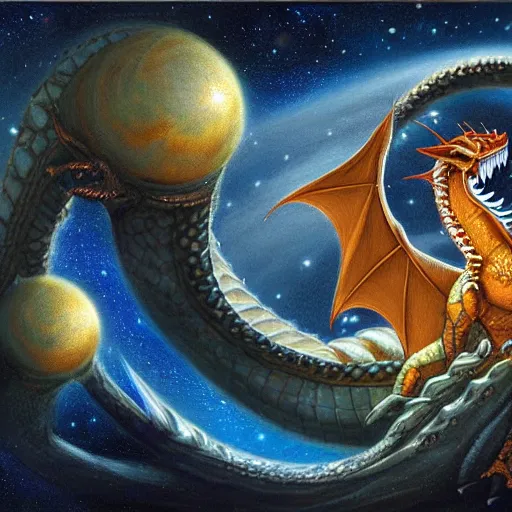 Image similar to A beautiful conceptual art of a dragon in space by Justin Gerard. The dragon is in the foreground with its mouth open, revealing rows of sharp teeth. Its body is coiled and ready to strike, and its tail is wrapped around a star in the background. The colors are bright and the background is full of stars and galaxies. The overall effect is one of chaotic energy and movement. stonepunk, catholicpunk by Anders Zorn ornate