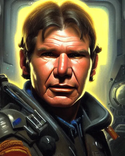 Image similar to character portrait closeup 4 0 years old han solo harrison ford cyberpunk starcraft terran warhammer 4 0 k space marine, confident, character design, painting by gaston bussiere, ralph mcquarrie, katsuya terada, frank frazetta, tom of finland, trending on artstation