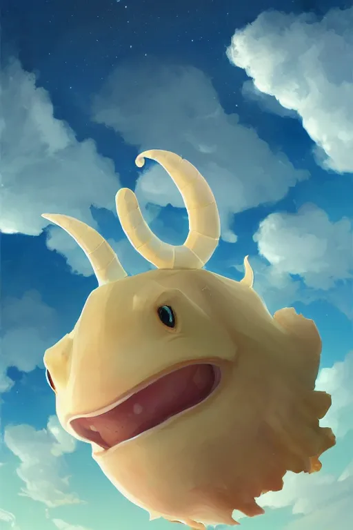 Image similar to a very cute sea slug with long horns, by rhads, makoto shinkai and lois van baarle, johannes voss, low angle fisheye view, sky whith plump white clouds, elegant, highly detailed, artstation, 8 k, unreal engine, hdr, concept art, volumetric lighting matte