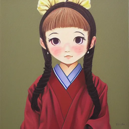 Image similar to a painting of Japanese schoolgirl, clothed, acryl