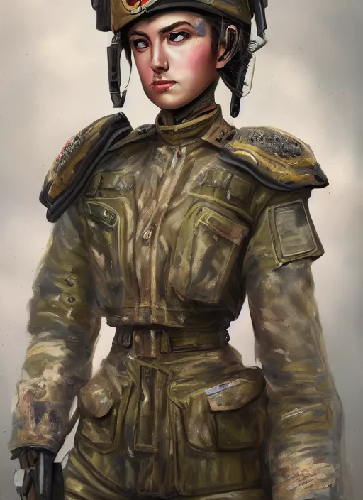 Image similar to full body concept art illustration pastel painting of a female military in intricate clothing with a very beautiful face, ultra detailed, octane render, 8K, dystopian, micro details