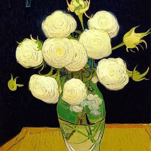 Image similar to atmospheric beautiful bouquet of white delicate pionoid rose in the sunny room of his beloved wife, wrote van gogh