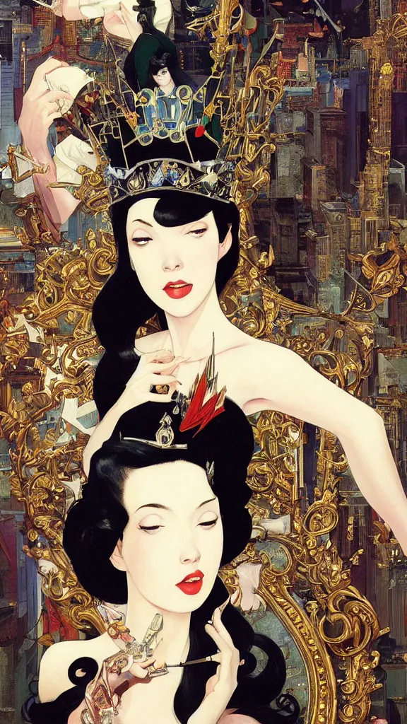 Image similar to a beautiful black haired woman with pale skin and a crown on her head sitted on an intricate metal throne new york circa 1 9 8 4 edward hopper and james gilleard, surreal, open ceiling, highly detailed, airbrush, ilya kuvshinov, wlop, stanley artgerm, very coherent, art by takato yamamoto and james jean