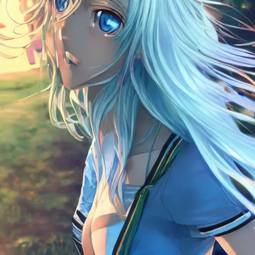 Image similar to a very beautiful anime girl, full body, long wavy blond hair, sky blue eyes, full round face, short smile, cute top, short jeans, summer lake setting, cinematic lightning, medium shot, mid-shot, highly detailed, trending on Artstation, Unreal Engine 4k, cinematic wallpaper by Stanley Artgerm Lau, WLOP, Rossdraws, James Jean, Andrei Riabovitchev, Marc Simonetti, and Sakimichan