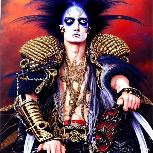 Image similar to uhd photorealistic detailed image of max voltage, the rock and roll emperor, dressed as emperor, wearing extremely intricate hair metal costume and makeup, by ayami kojima amano karol bak