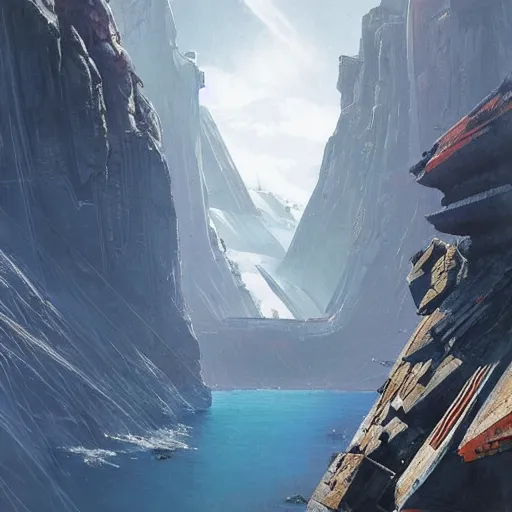 Image similar to view from below of an arcology driven like a spear into the glacier, rust-colored waterfalls pouring from its upper balconies, blue radiation glow beneath, science fiction concept art by Greg Rutkowski and Moebius and Le Corbusier