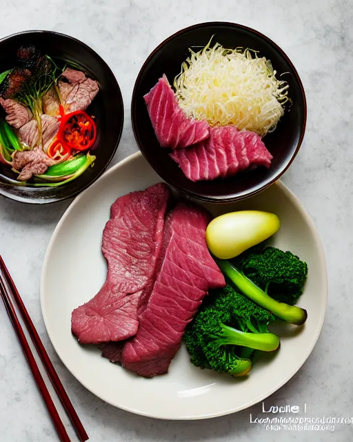 Prompt: realistic photo of delicious yakiniku, bowl, soja, white kitchen table, cloth, marble, highly detailed, by louise lister, sara ali, mary devinat, kailee mandel, masterpiece, award winning, food photography