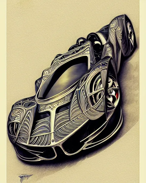 Image similar to Art nouveau Ferarri car, fantasy, intricate zigzag designs, elegant, highly detailed, sharp focus, art by Artgerm and Greg Rutkowski and WLOP