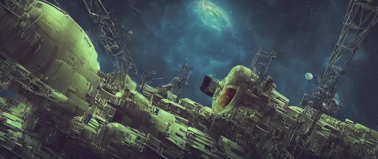 Prompt: lone industrial!!! spaceship!!, deep space exploration!!!, flying, ridley scott universe, the final frontier, illustrative!!, punk, space pirate, painterly, hyperdetailed, hyperrealistic, utilitarian cargo ship, cinematic lighting, 4k, wide angle, beksinski, (neon colors)