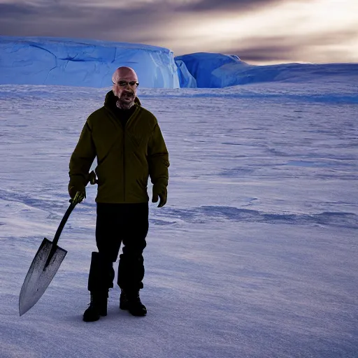 Image similar to Walter White holding an axe in the middle of Antarctica, cold terrain, master shot, moody light, highly realistic, 8k