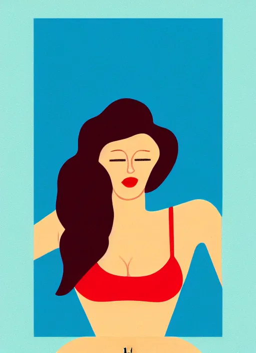 Prompt: portrait of a girl, in retro swimsuit, lying by the pool, minimalist illustration, flat colors, contrasting shadows art by anri matiss, maria medem, roberts rurans