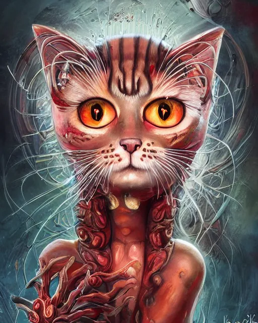 Image similar to a cute bloody kitty cat played by kate bckinsale, created by antonio j. manzanedo, giger, alex grey, android jones, wayne barlowe, philippe druillet, raymond swanland, cyril rolando, josephine wall, harumi hironaka, trending on artstation