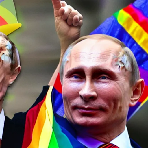 Prompt: Vladimir Putin wearing rainbow suit, Gay pride, rainbow flags