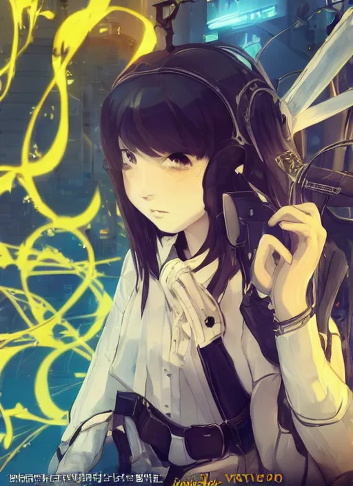 Image similar to JRPG game poster, luxury advertisement, yellow filter. Clean and detailed post-cyberpunk sci-fi close-up schoolgirl in asian city in style of cytus and deemo, blue flame, relaxing, calm and mysterious vibes, by Tsutomu Nihei, by Yoshitoshi ABe, by Ilya Kuvshinov, by Greg Tocchini, nier:automata, set in half-life 2, Matrix, GITS, Blade Runner, Neotokyo Source, Syndicate(2012), dynamic composition, beautiful with eerie vibes, very inspirational, very stylish, with gradients, surrealistic, dystopia, postapocalyptic vibes, depth of field, mist, rich cinematic atmosphere, perfect digital art, mystical journey in strange world, beautiful dramatic dark moody tones and studio lighting, shadows, bastion game, arthouse