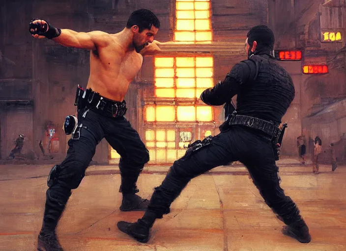 Image similar to Javier fights sgt Nash. Cyberpunk kickboxer in orange jumpsuit fighting menacing police troopers (blade runner 2049). attractive face. Orientalist portrait by john william waterhouse and James Gurney and Theodore Ralli and Nasreddine Dinet, oil on canvas. Cinematic, hyper realism, realistic proportions, dramatic lighting, high detail 4k