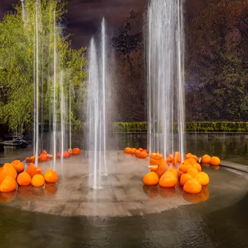 Image similar to magical potions floating in a mystical brutalist space while fountains flow out of oranges