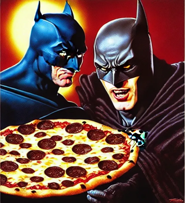 Prompt: derpy looking batman eating greasy pizza, pizza is everywhere, weird, strange, bizarre, surreal, epic composition, 2 0 0 mm focal length, donato giancola, tim hildebrandt, wayne barlow, bruce pennington, larry elmore, insanely quality, highly detailed, masterpiece, pizza light, artstation, 4 k