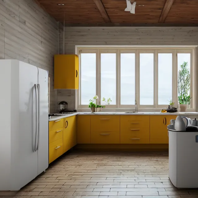 Image similar to kitchen interior in a wooden a frame cabin, yellow cabinets and white walls, vintage fridge, large window in back with ocean scenery, marble countertops, leather couch, realistic, unreal engine render, octane render, hyper realistic, photo, 8 k