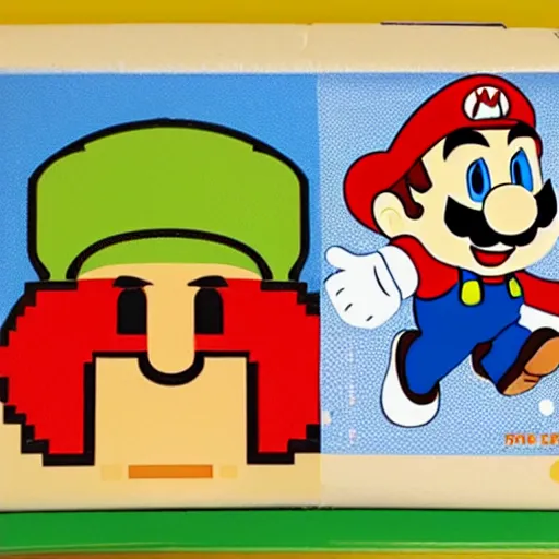 Image similar to pizzeria pizza box featuring super mario and luigi