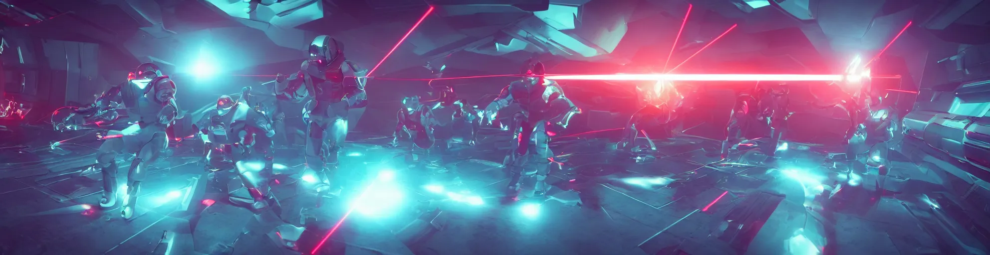 Image similar to futuristic spacemen firing lasers in zero gravity, skintight suits, floating polygon shapes as obstacles, surrounded by a laser grid, unreal engine, lensflare, glow, bloom, neon