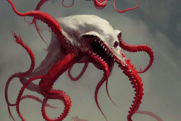 Image similar to painting by greg rutkowski of a flying chalk white head, with tentacles coming of the neck, red eyes, flying in a terrying hell like cavernous place