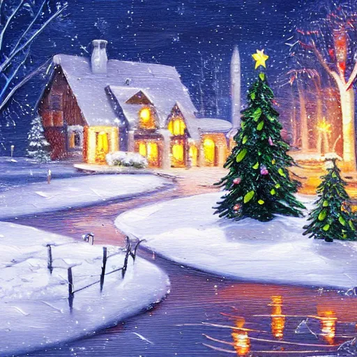 Prompt: detailed 4k oil painting winter landscape with snow and christmas trees with glowing lights and bulb ornaments