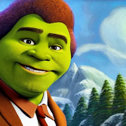 Image similar to Bob Ross as a Shrek, made by Dreamworks Animation, 8k, trending on artstation, hyperdetalied,