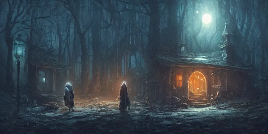 Image similar to a hooded glowing wizard approaches a mysterious abandoned tavern on a moonlit night, dark fantasy, Greg Rutkowski and Studio Ghibli