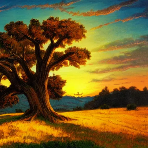 Image similar to a large-dead-oak atop a hill with a bright-sunset behind it by bob ross