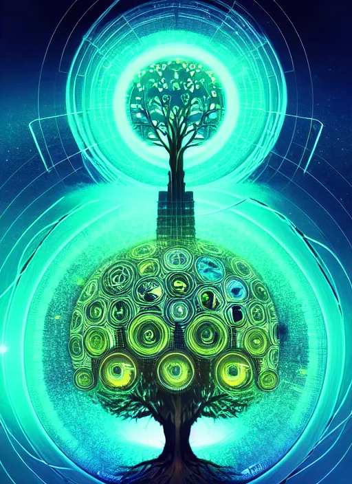 Image similar to high depth, collective civilization tree, calm, healing, resting, life, hybrids, scifi, glowing lights!!, published concept art, mixed medias, image overlays, sharp focus, thin glowing wires, winning illustration, eyes reflecting into eyes into infinity, singularity!!!, 3 6 0 projection, art in the style of mucha