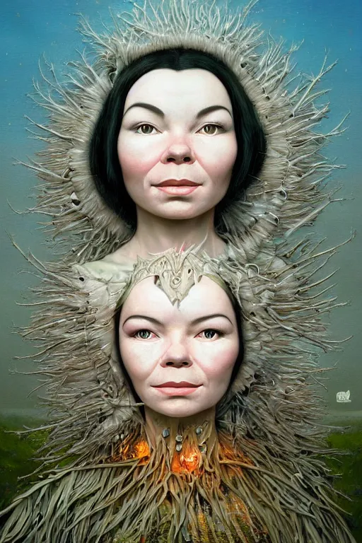 Image similar to beautiful bjork portrait by hubert robert and lee madgwick and roger dean and jacek yerka, dan mumford and alex grey style, soft lighting, 4 k hd wallpaper illustration concept joy atmospheric lighting