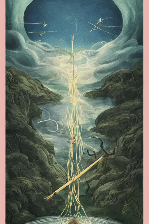 Image similar to the eight of wands tarot card shows eight sprouting wands sailing through the air at high speed.. the sky is clear and the beautiful river is flowing freely, beautiful landscape, 8 wands flying through the air, beautiful artwork by steve skroce and william blake, featured on artstation, cgsociety, behance, dramatic lighting, detailed