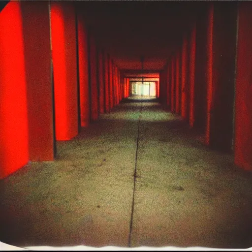 Prompt: polaroid portrait of a ghots in red clothes, staying in concrete corridor, dark, moody, scary, paranoid