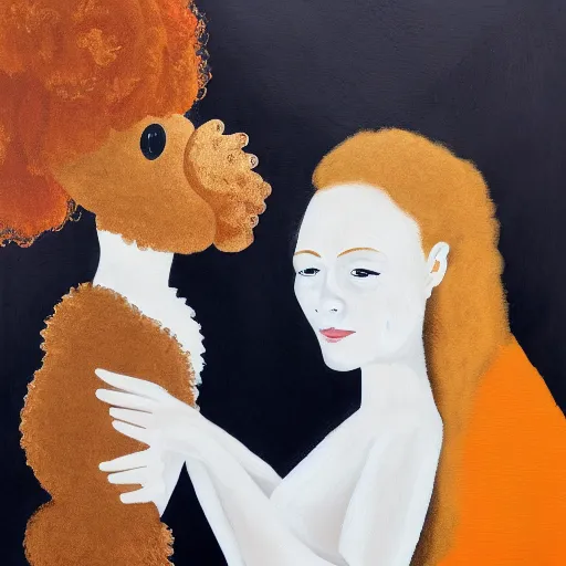 Prompt: an abstract painting of a beautiful pale woman with orange hair holding both a curly headed baby boy and also a brown poodle